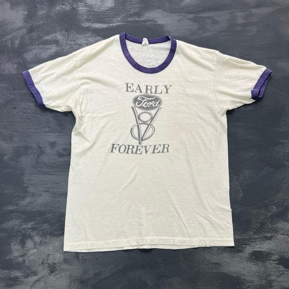 Vintage Ford Shirt Mens Medium White 1970s V8 Forever‎ USA Ringer